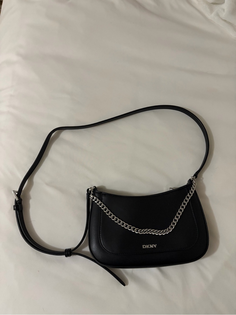 DKNY Black Leather Crossbody with Silver Chain Accent